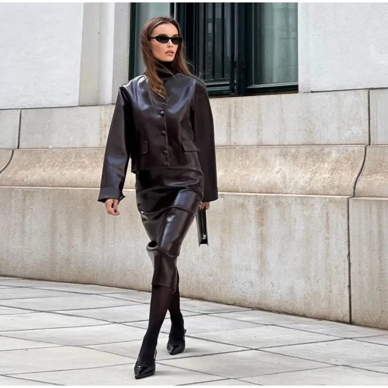 Women Elegant Solid Zipper Short Bomber Leather Chic Lapel Long Sleeves Cropped Jackets 2024 New Female Party Fashion Streetwear