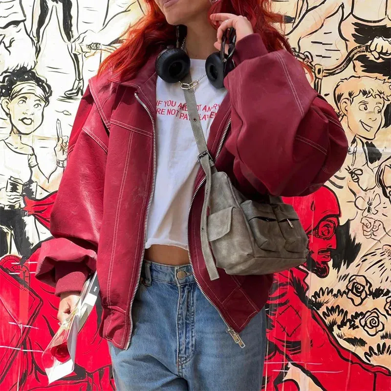 Women Elegant Solid Zipper Short Bomber Leather Chic Lapel Long Sleeves Cropped Jackets 2024 New Female Party Fashion Streetwear
